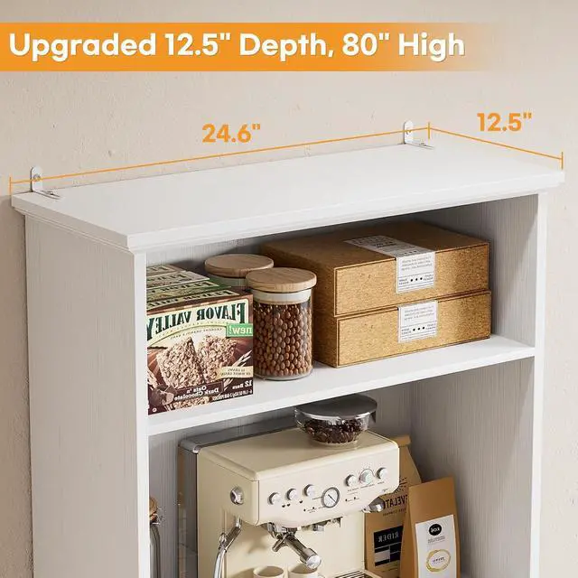 Alt view image 6 of 7 - 80" Tall Bookcase Set of 2, Farmhouse 2 Set Bookshelves with Drawer and Doors, Floor Standing 6 Shelf Display Storage Cabinet for Home Office, Living Room (2, Antique White)