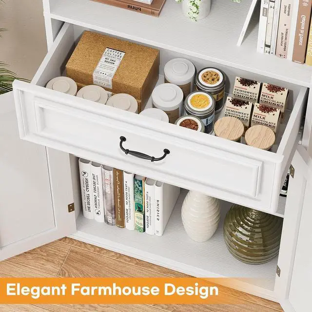 Alt view image 7 of 7 - 80" Tall Bookcase Set of 2, Farmhouse 2 Set Bookshelves with Drawer and Doors, Floor Standing 6 Shelf Display Storage Cabinet for Home Office, Living Room (2, Antique White)