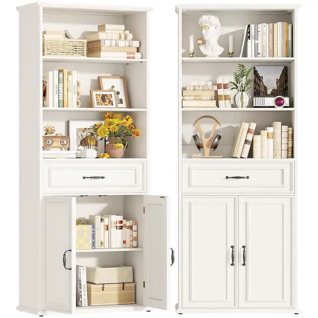 Alt view image 3 of 7 - 80" Tall Bookcase Set of 2, Farmhouse 2 Set Bookshelves with Drawer and Doors, Floor Standing 6 Shelf Display Storage Cabinet for Home Office, Living Room (2, Antique White)