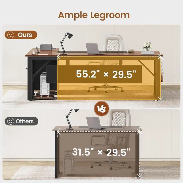 Alt view image 7 of 7 - 71" Executive Desk with Rolling File Cabinet, Large Office Desk with Drawers, L Shaped Computer Desk with Power Outlets, CPU Stand, Pegboard and Storage Shelves, Brown
