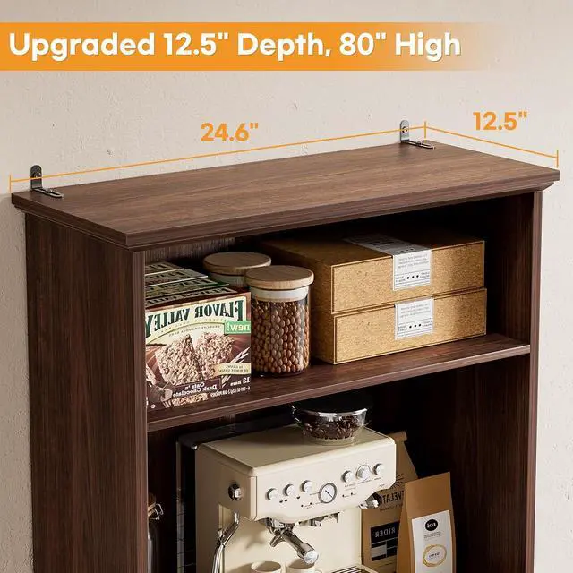 Alt view image 6 of 7 - 80" Tall Bookcase Set of 2, Farmhouse 2 Set Bookshelves with Drawer and Doors, Floor Standing 6 Shelf Display Storage Cabinet for Home Office, Living Room (2, Black Walnut)
