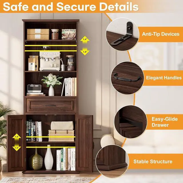 Alt view image 4 of 7 - 80" Tall Bookcase Set of 2, Farmhouse 2 Set Bookshelves with Drawer and Doors, Floor Standing 6 Shelf Display Storage Cabinet for Home Office, Living Room (2, Black Walnut)