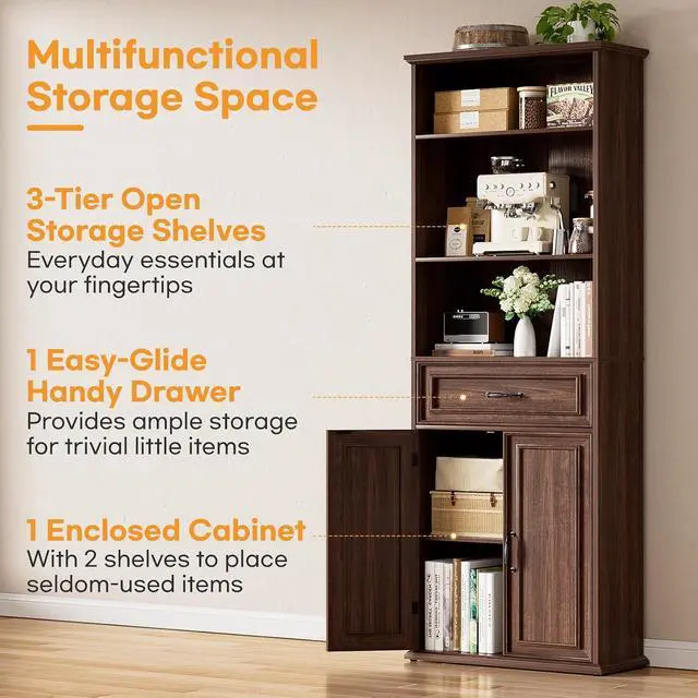 Alt view image 5 of 7 - 80" Tall Bookcase Set of 2, Farmhouse 2 Set Bookshelves with Drawer and Doors, Floor Standing 6 Shelf Display Storage Cabinet for Home Office, Living Room (2, Black Walnut)