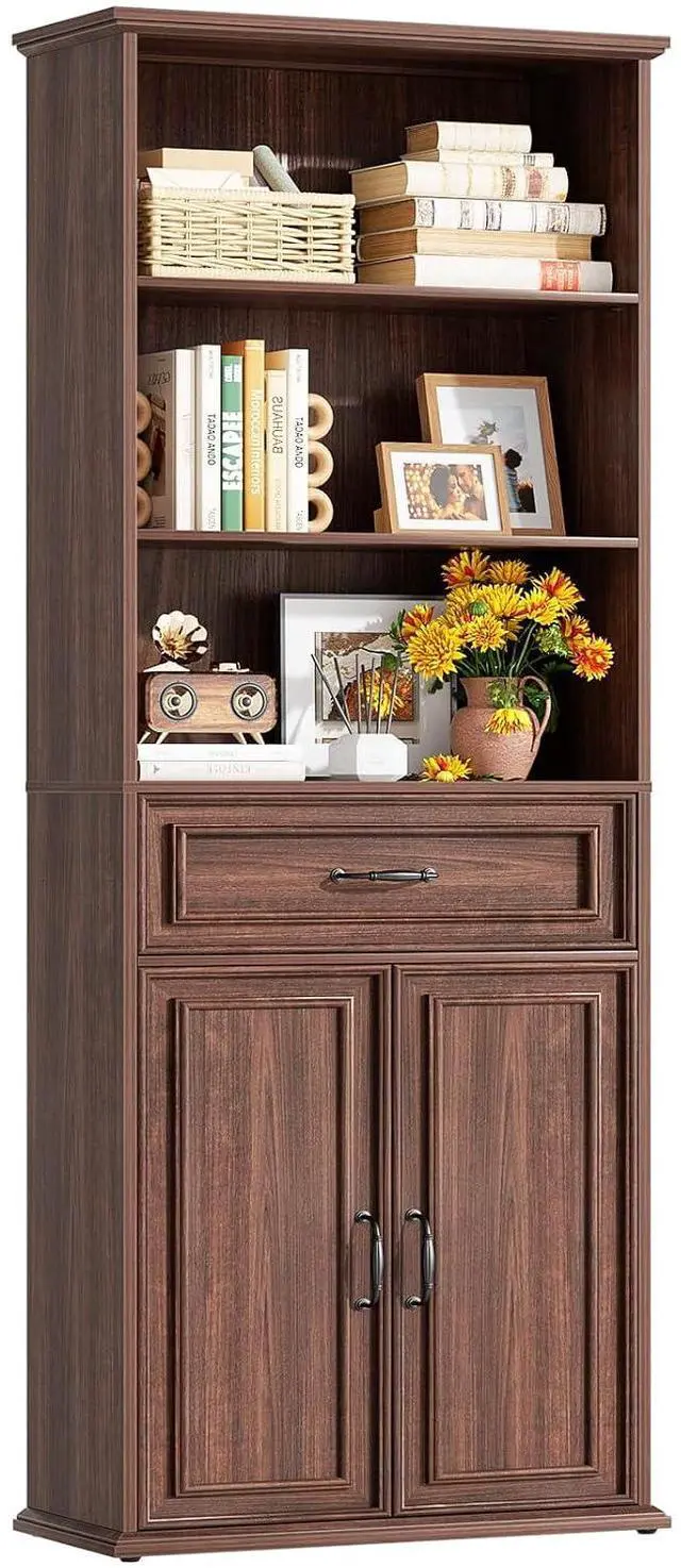 Alt view image 3 of 7 - 80" Tall Bookcase, Farmhouse Bookshelves with Drawer and Doors, Floor Standing 6 Shelf Display Storage Cabinet for Home Office, Living Room (1, Black Walnut)
