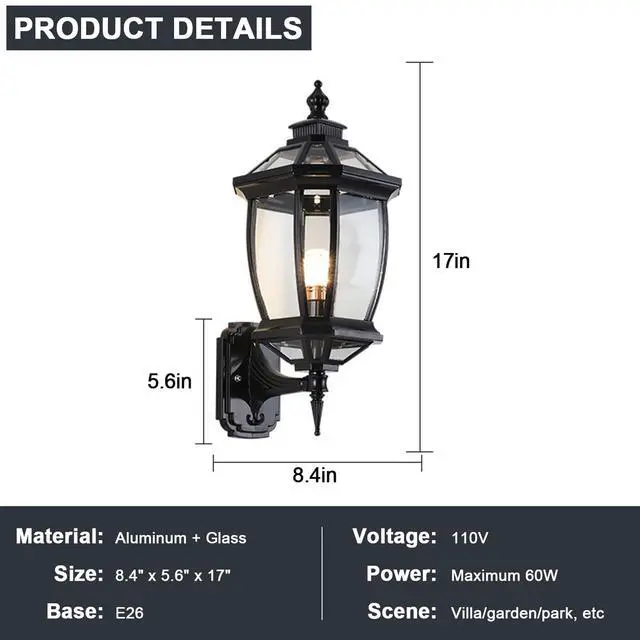 Alt view image 7 of 7 - Vintage Outdoor Wall Lights Aluminum Octagonal Exterior Lighting Fixtures Wall Mount 17" Waterproof Porch Lights with Clear Glass Shade E26 Socket for House Patio Front Door