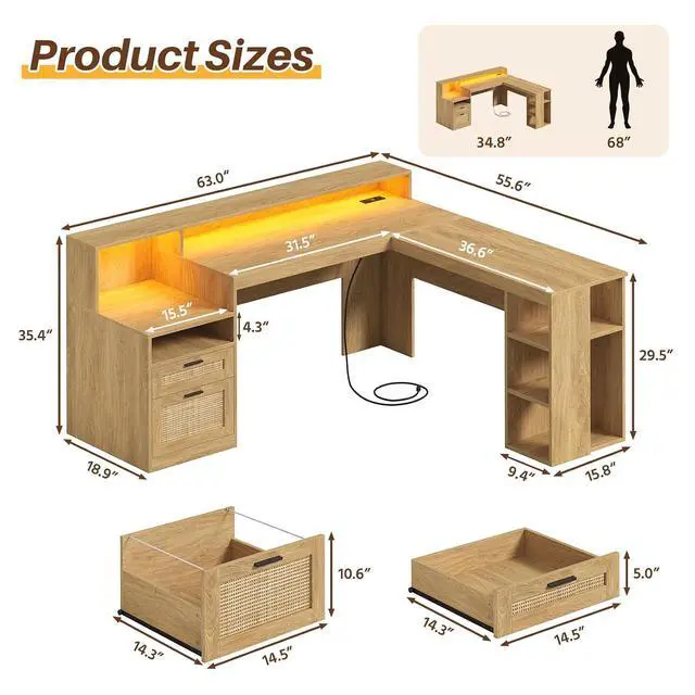 Alt view image 2 of 7 - 63" Rattan L Shaped Desk with Drawers & Storage Shelves, Wood Corner Desk with Power Outlets & LED Lights, Home Office Desks with File Drawer, Printer Shelf, Monitor Stand, Oak