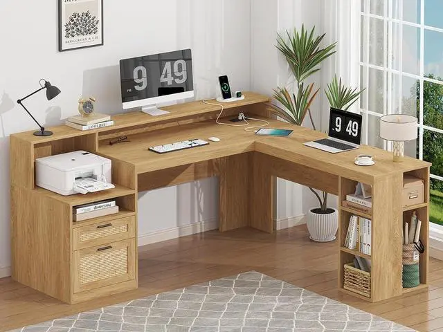 Main image of 63" Rattan L Shaped Desk with Drawers & Storage Shelves, Wood Corner Desk with Power Outlets & LED Lights, Home Office Desks with File Drawer, Printer Shelf, Monitor Stand, Oak