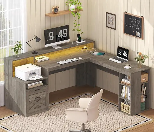 Main image of Farmhouse L Shaped Desk with Drawers & Storage Shelves, 63" Corner Computer Desk with Power Outlets & LED Lights, Home Office Desks with File Drawer, Printer Shelf, Monitor Stand, Gray