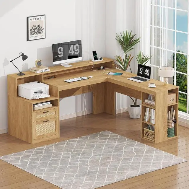 Alt view image 7 of 7 - 63" Rattan L Shaped Desk with Drawers & Storage Shelves, Wood Corner Desk with Power Outlets & LED Lights, Home Office Desks with File Drawer, Printer Shelf, Monitor Stand, Oak