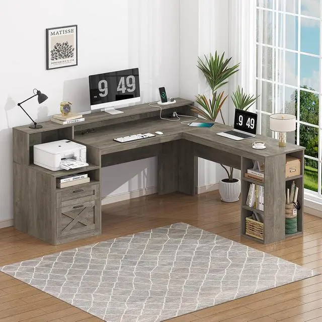 Alt view image 3 of 7 - Farmhouse L Shaped Desk with Drawers & Storage Shelves, 63" Corner Computer Desk with Power Outlets & LED Lights, Home Office Desks with File Drawer, Printer Shelf, Monitor Stand, Gray