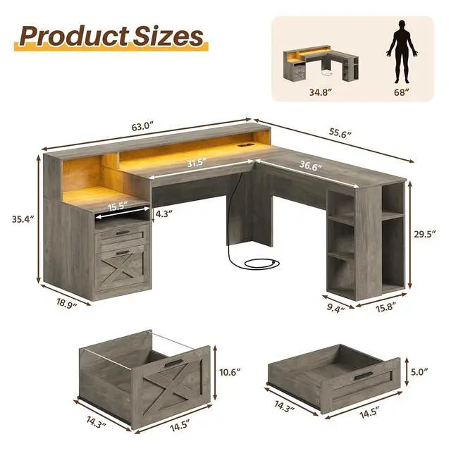 Alt view image 2 of 7 - Farmhouse L Shaped Desk with Drawers & Storage Shelves, 63" Corner Computer Desk with Power Outlets & LED Lights, Home Office Desks with File Drawer, Printer Shelf, Monitor Stand, Gray