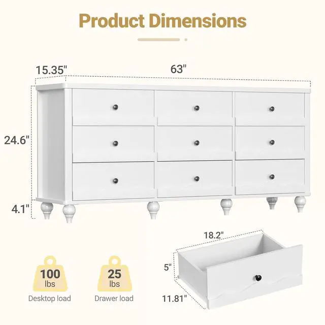 Alt view image 2 of 7 - 9 Drawer Dresser, Chest of Drawers for Bedroom, Wood Drawer Organizer for Living Room, Bedroom, Hallway (White)