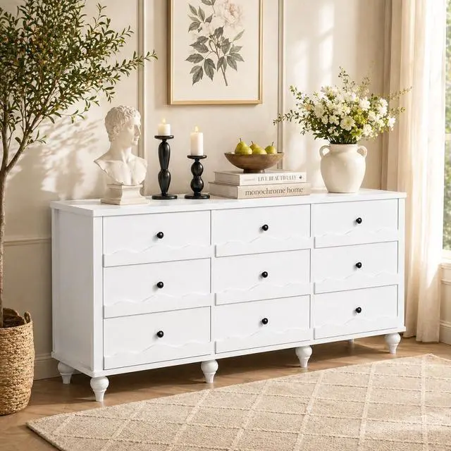 Main image of 9 Drawer Dresser, Chest of Drawers for Bedroom, Wood Drawer Organizer for Living Room, Bedroom, Hallway (White)