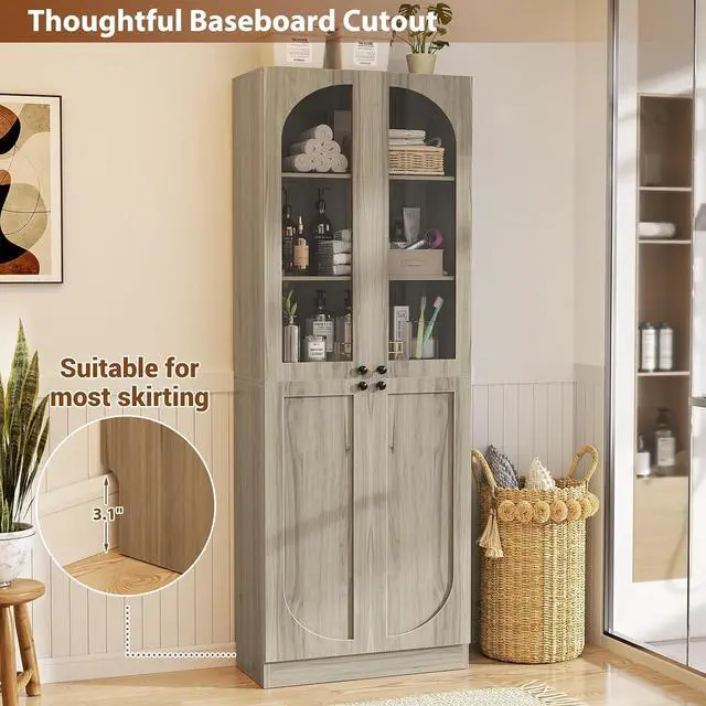 Alt view image 6 of 7 - 80" Kitchen Pantry, Tall Arch Storage Cabinet with Tempered Glass & Soft Close Doors, Freestanding Wood Floor Cupboard Bookcase with Seamless Fit Wall for Dining Room, Living Room, Bathroom