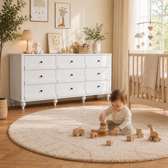 Alt view image 3 of 7 - 9 Drawer Dresser, Chest of Drawers for Bedroom, Wood Drawer Organizer for Living Room, Bedroom, Hallway (White)