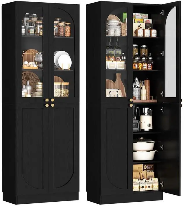 Main image of 80" Kitchen Pantry, Tall Arch Storage Cabinet with Tempered Glass & Soft Close Doors, Freestanding Wood Floor Cupboard Bookcase with Seamless Fit Wall for Dining Room, Living Room, Bathroom