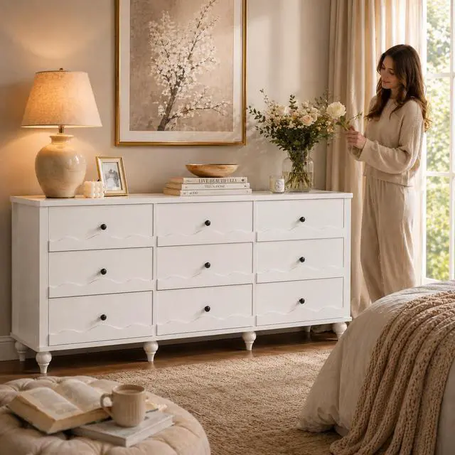 Alt view image 4 of 7 - 9 Drawer Dresser, Chest of Drawers for Bedroom, Wood Drawer Organizer for Living Room, Bedroom, Hallway (White)