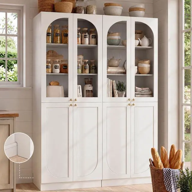 Main image of 80" Kitchen Pantry, Tall Arch Storage Cabinet with Tempered Glass & Soft Close Doors, Freestanding Wood Floor Cupboard Bookcase with Seamless Fit Wall for Dining Room, Living Room, Bathroom