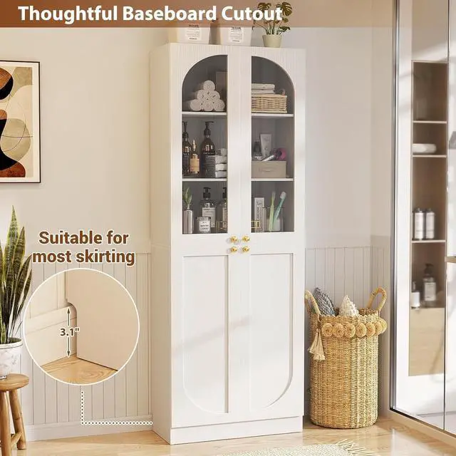 Alt view image 6 of 7 - 80" Kitchen Pantry, Tall Arch Storage Cabinet with Tempered Glass & Soft Close Doors, Freestanding Wood Floor Cupboard Bookcase with Seamless Fit Wall for Dining Room, Living Room, Bathroom