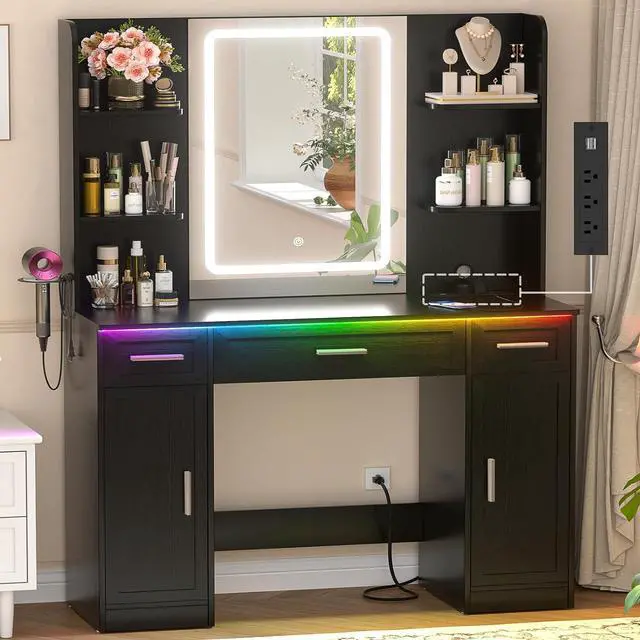 Main image of Makeup Vanity Desk with Mirror and Lights, Vanity Table with Power Outlet & Hair Dryer Rack, App Control RGB, 3 Drawers & 2 Cabinets for Storage, 41.3", Black