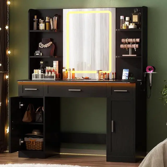 Alt view image 2 of 7 - Makeup Vanity Desk with Mirror and Lights, Vanity Table with Power Outlet & Hair Dryer Rack, App Control RGB, 3 Drawers & 2 Cabinets for Storage, 41.3", Black