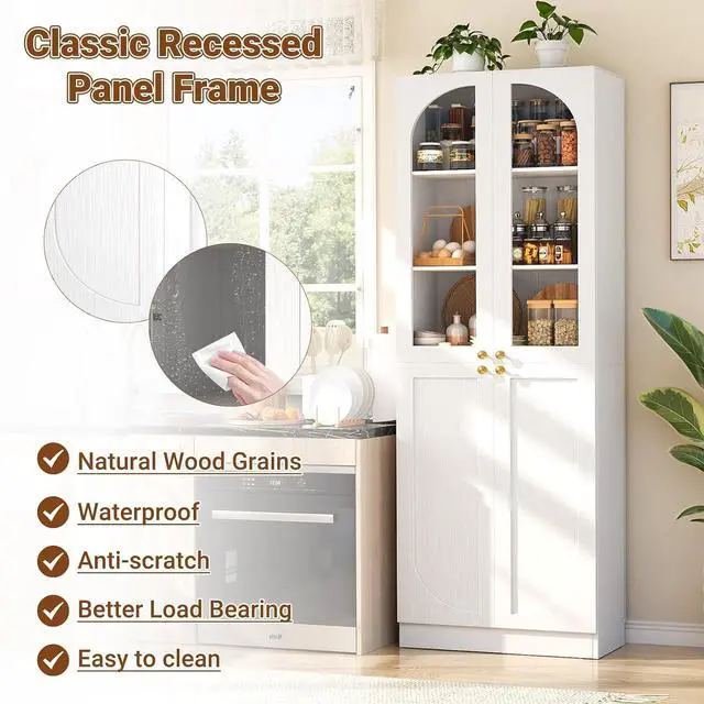 Alt view image 5 of 7 - 80" Kitchen Pantry, Tall Arch Storage Cabinet with Tempered Glass & Soft Close Doors, Freestanding Wood Floor Cupboard Bookcase with Seamless Fit Wall for Dining Room, Living Room, Bathroom