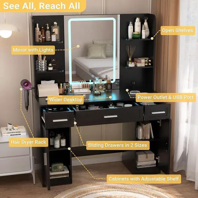 Alt view image 3 of 7 - Makeup Vanity Desk with Mirror and Lights, Vanity Table with Power Outlet & Hair Dryer Rack, App Control RGB, 3 Drawers & 2 Cabinets for Storage, 41.3", Black