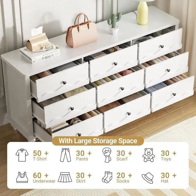 Alt view image 5 of 7 - 9 Drawer Dresser, Chest of Drawers for Bedroom, Wood Drawer Organizer for Living Room, Bedroom, Hallway (White)
