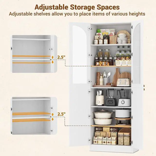 Alt view image 7 of 7 - 80" Kitchen Pantry, Tall Arch Storage Cabinet with Tempered Glass & Soft Close Doors, Freestanding Wood Floor Cupboard Bookcase with Seamless Fit Wall for Dining Room, Living Room, Bathroom