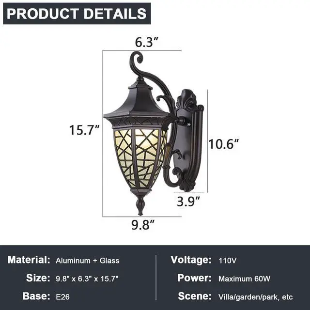 Alt view image 7 of 7 - IP55 Waterproof Outdoor Wall Lanterns, Aluminum 15.7 inch Porch Wall Light, Outside Wall Sconces with Frosted Glass for House Front Door Garage, Retro Vintage Style
