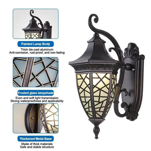 Alt view image 6 of 7 - IP55 Waterproof Outdoor Wall Lanterns, Aluminum 15.7 inch Porch Wall Light, Outside Wall Sconces with Frosted Glass for House Front Door Garage, Retro Vintage Style