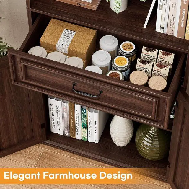 Alt view image 7 of 7 - 80" Tall Bookcase Set of 2, Farmhouse 2 Set Bookshelves with Drawer and Doors, Floor Standing 6 Shelf Display Storage Cabinet for Home Office, Living Room (2, Black Walnut)