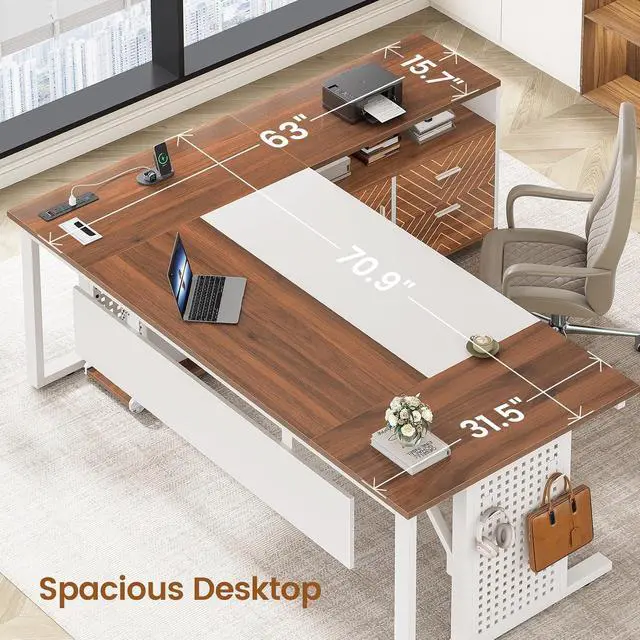 Alt view image 4 of 7 - 71" Executive Desk with Rolling File Cabinet, Large Office Desk with Drawers, L Shaped Computer Desk with Power Outlets, CPU Stand, Pegboard and Storage Shelves, White