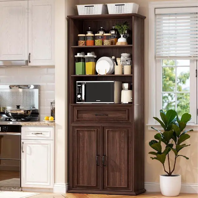 Alt view image 7 of 7 - 80" Tall Bookcase, Farmhouse Bookshelves with Drawer and Doors, Floor Standing 6 Shelf Display Storage Cabinet for Home Office, Living Room (1, Black Walnut)