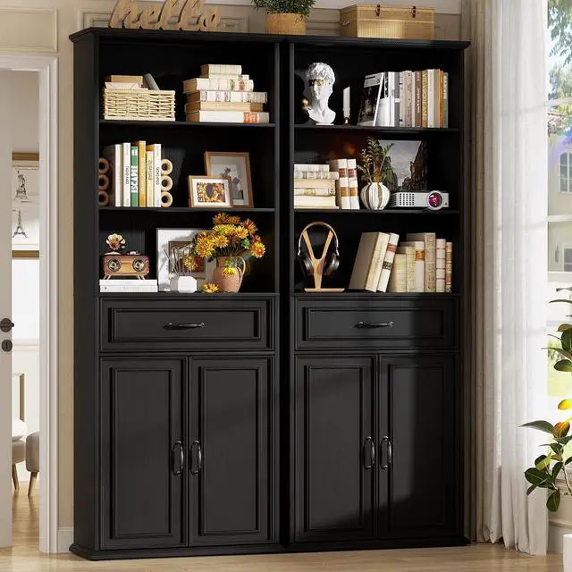 Main image of 80" Tall Bookcase Set of 2, Farmhouse 2 Set Bookshelves with Drawer and Doors, Floor Standing 6 Shelf Display Storage Cabinet for Home Office, Living Room (2, Black)