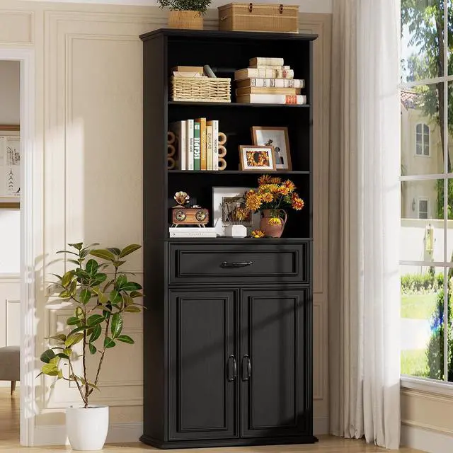 Main image of 80" Tall Bookcase, Farmhouse Bookshelves with Drawer and Doors, Floor Standing 6 Shelf Display Storage Cabinet for Home Office, Living Room (1, Black)