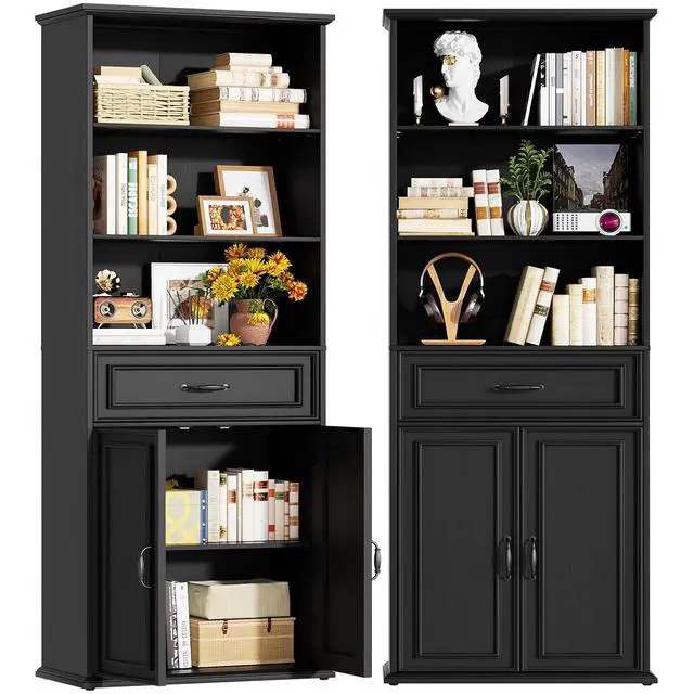 Alt view image 3 of 7 - 80" Tall Bookcase Set of 2, Farmhouse 2 Set Bookshelves with Drawer and Doors, Floor Standing 6 Shelf Display Storage Cabinet for Home Office, Living Room (2, Black)