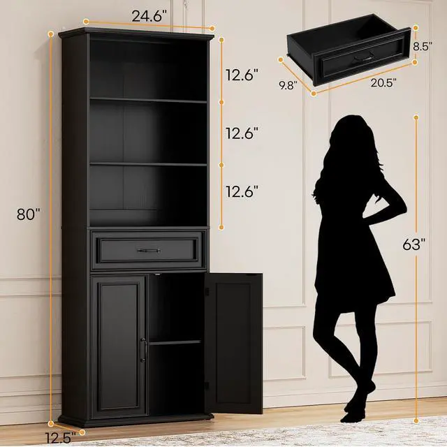 Alt view image 2 of 7 - 80" Tall Bookcase Set of 2, Farmhouse 2 Set Bookshelves with Drawer and Doors, Floor Standing 6 Shelf Display Storage Cabinet for Home Office, Living Room (2, Black)
