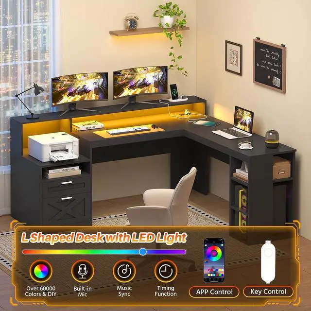 Alt view image 3 of 7 - Farmhouse 63" L Shaped Desk with Drawers & Storage Shelves, Black L Shaped Executive Desk with Power Outlets & LED Lights, Home Office Desks with File Drawer, Printer Shelf, Monitor Stand