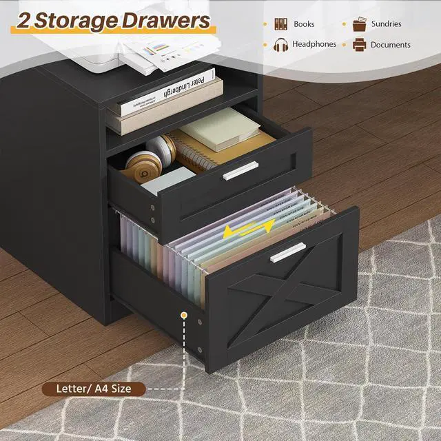 Alt view image 5 of 7 - Farmhouse 63" L Shaped Desk with Drawers & Storage Shelves, Black L Shaped Executive Desk with Power Outlets & LED Lights, Home Office Desks with File Drawer, Printer Shelf, Monitor Stand