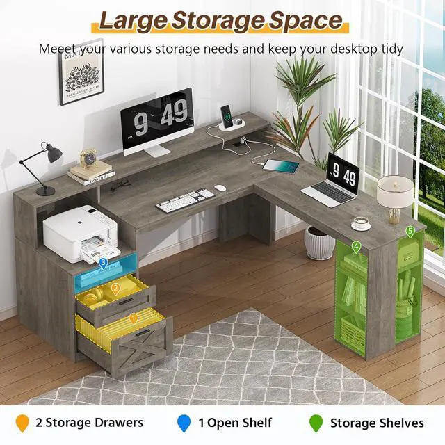 Alt view image 4 of 7 - Farmhouse L Shaped Desk with Drawers & Storage Shelves, 63" Corner Computer Desk with Power Outlets & LED Lights, Home Office Desks with File Drawer, Printer Shelf, Monitor Stand, Gray