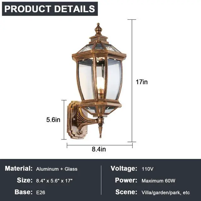 Alt view image 7 of 7 - Vintage Outdoor Wall Lights Aluminum Octagonal Exterior Lighting Fixtures Wall Mount 17" Waterproof Porch Lights with Clear Glass Shade E26 Socket for House Patio Front Door