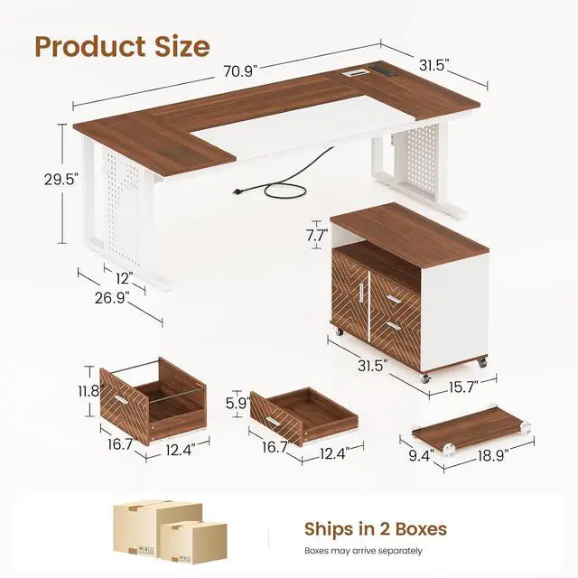 Alt view image 2 of 7 - 71" Executive Desk with Rolling File Cabinet, Large Office Desk with Drawers, L Shaped Computer Desk with Power Outlets, CPU Stand, Pegboard and Storage Shelves, White
