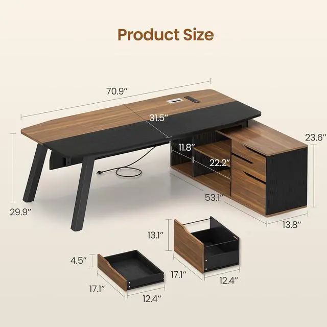 Alt view image 2 of 7 - 71" Executive Desk with File Cabinet, Large Office Desk with Drawers and Shelves, L Shaped Computer Desk with Power Outlets, Business Furniture Desk Workstation for Home Office, Walnut