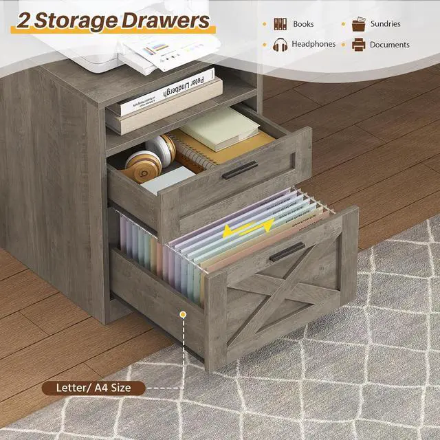 Alt view image 5 of 7 - Farmhouse L Shaped Desk with Drawers & Storage Shelves, 63" Corner Computer Desk with Power Outlets & LED Lights, Home Office Desks with File Drawer, Printer Shelf, Monitor Stand, Gray