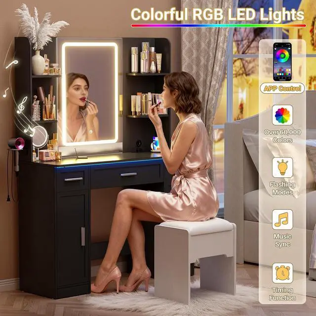 Alt view image 5 of 7 - Makeup Vanity Desk with Mirror and Lights, Vanity Table with Power Outlet & Hair Dryer Rack, App Control RGB, 3 Drawers & 2 Cabinets for Storage, 41.3", Black
