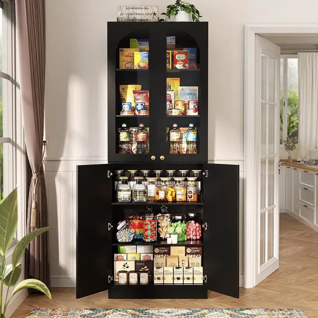 Alt view image 2 of 7 - 80" Kitchen Pantry, Tall Arch Storage Cabinet with Tempered Glass & Soft Close Doors, Freestanding Wood Floor Cupboard Bookcase with Seamless Fit Wall for Dining Room, Living Room, Bathroom