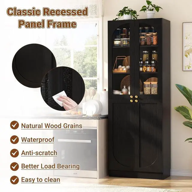Alt view image 5 of 7 - 80" Kitchen Pantry, Tall Arch Storage Cabinet with Tempered Glass & Soft Close Doors, Freestanding Wood Floor Cupboard Bookcase with Seamless Fit Wall for Dining Room, Living Room, Bathroom