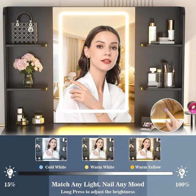 Alt view image 6 of 7 - Makeup Vanity Desk with Mirror and Lights, Vanity Table with Power Outlet & Hair Dryer Rack, App Control RGB, 3 Drawers & 2 Cabinets for Storage, 41.3", Black