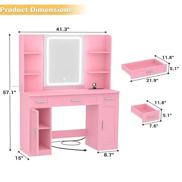 Alt view image 2 of 7 - Makeup Vanity Desk with Mirror and Lights, Vanity Table with Power Outlet & Hair Dryer Rack, App Control RGB, 3 Drawers & 2 Cabinets for Storage, 41.3", Pink